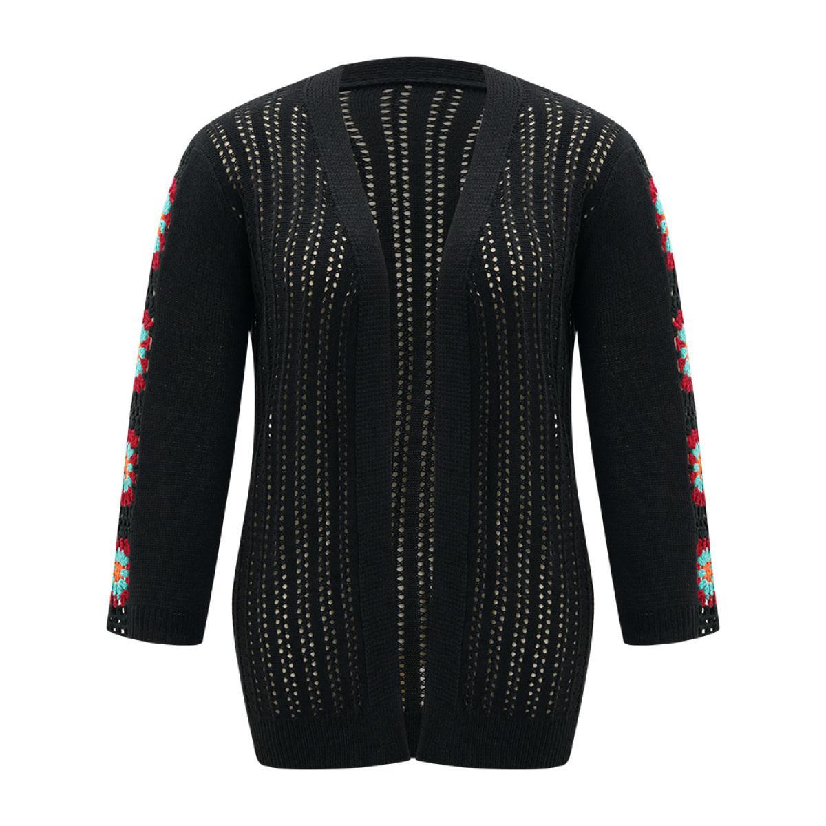 Plus Size Plain Hollow Out Patchwork Cardigan Black Women Casual Loose Long Sleeve Dailywear Cardigans BloomChic 30/6X Product Image