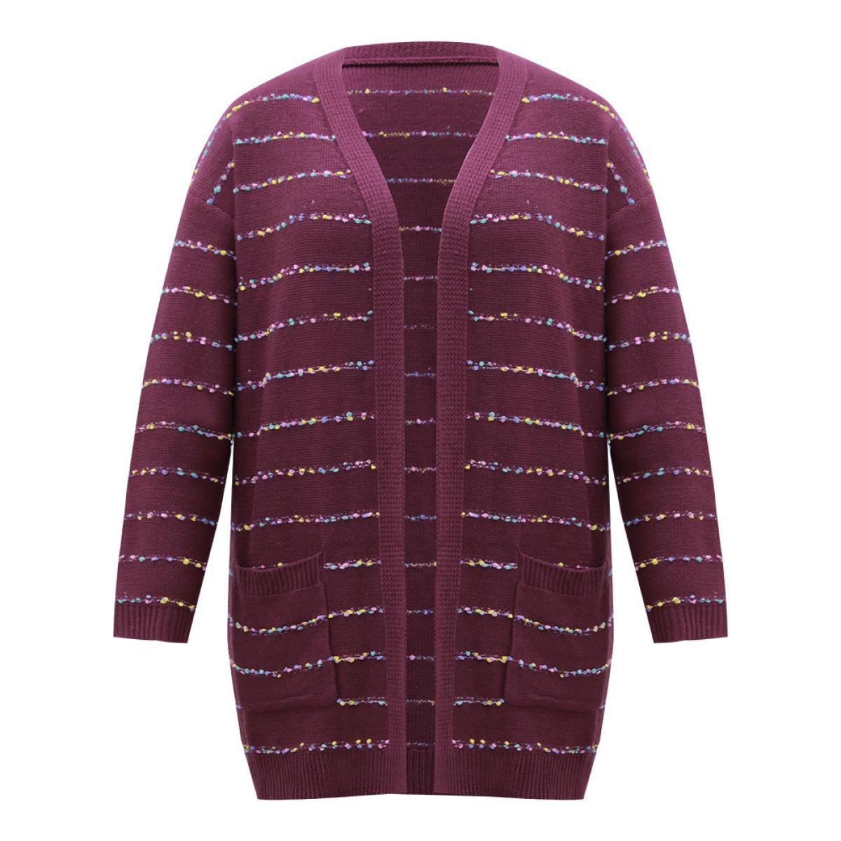 Plus Size Heather Rainbow Striped Open Front Cardigan Burgundy Women Casual Loose Long Sleeve Everyday Cardigans BloomChic 28/5X Product Image