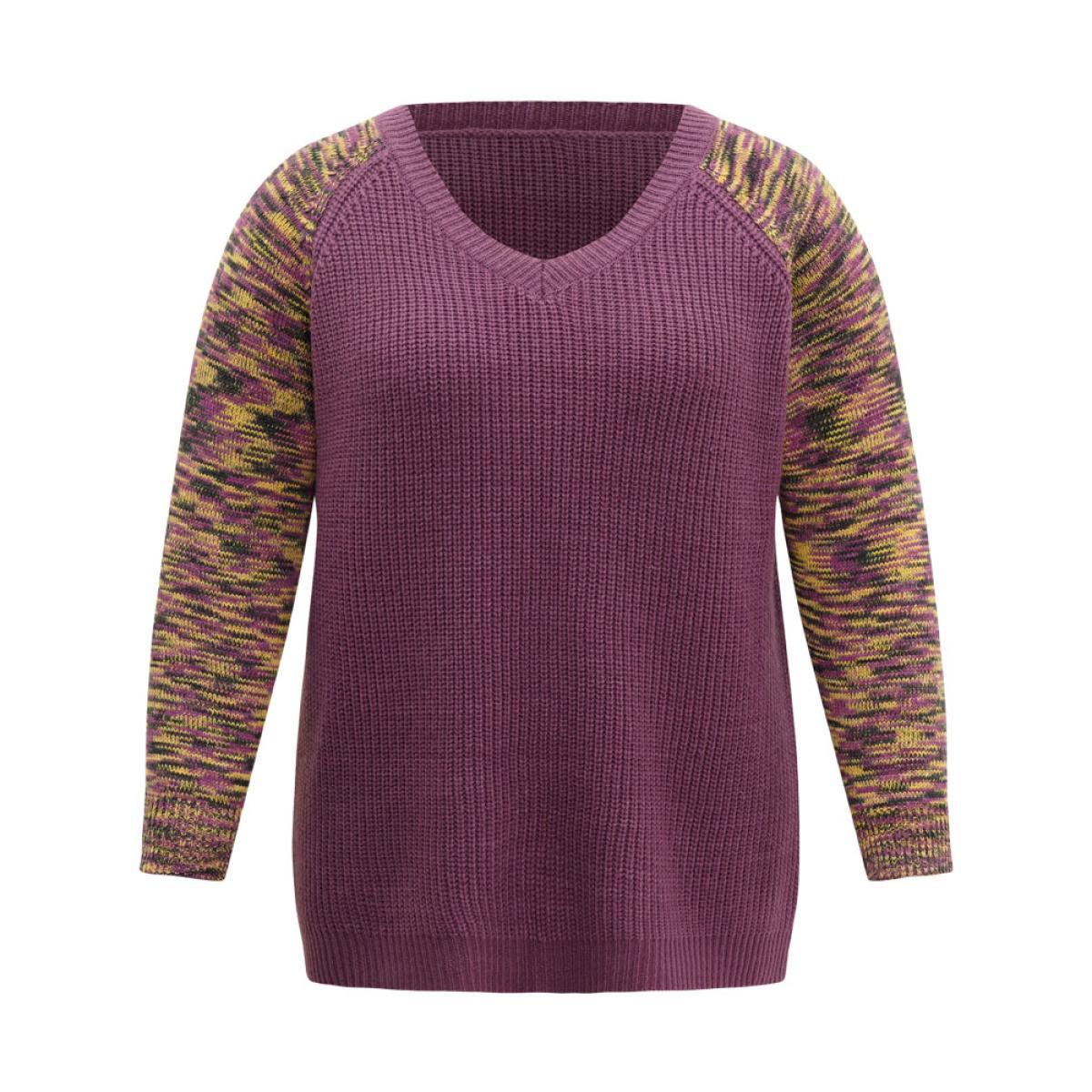 Plus Size Ombre Heather Raglan Sleeve Plisse Pullover Mauve Women Casual Loose Long Sleeve V-neck Dailywear Pullovers BloomChic 30/6X Product Image