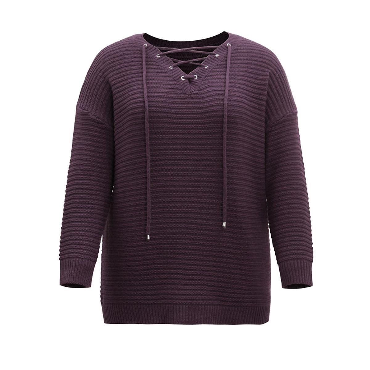 Plus Size Lace Up Plain Plisse Pullover Purple Women Casual Loose Long Sleeve V-neck Dailywear Pullovers BloomChic 14-16/1X Product Image