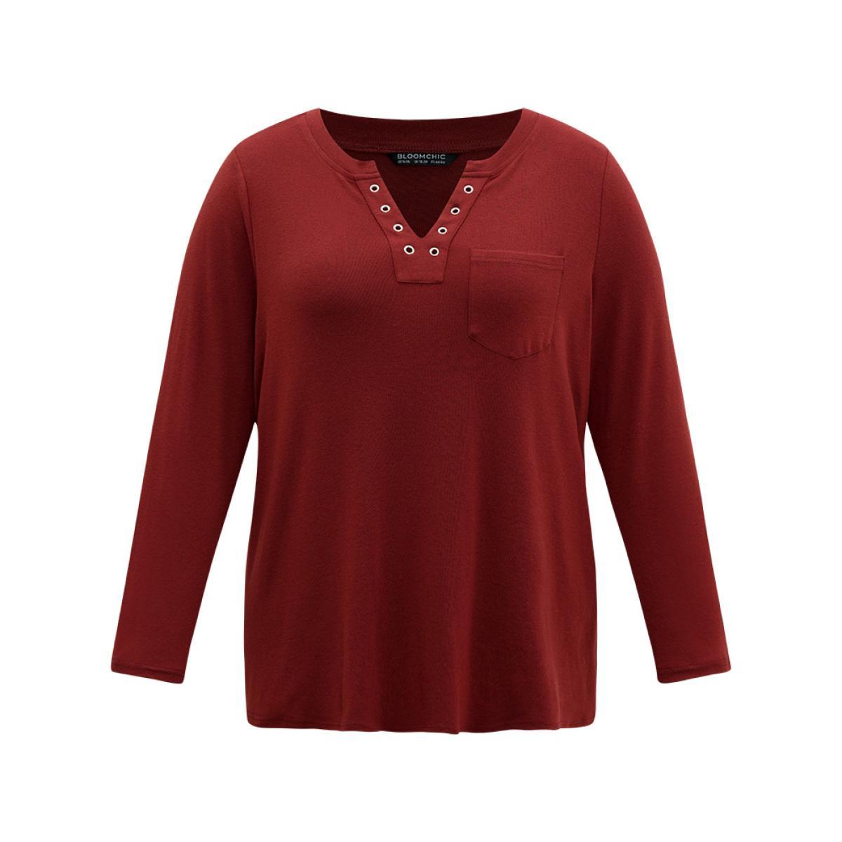 Plus Size Supersoft Essentials Solid Eyelets Notched T-shirt Scarlet Women Casual Plain Plain Notched collar Dailywear T-shirts BloomChic 14-16/1X Product Image