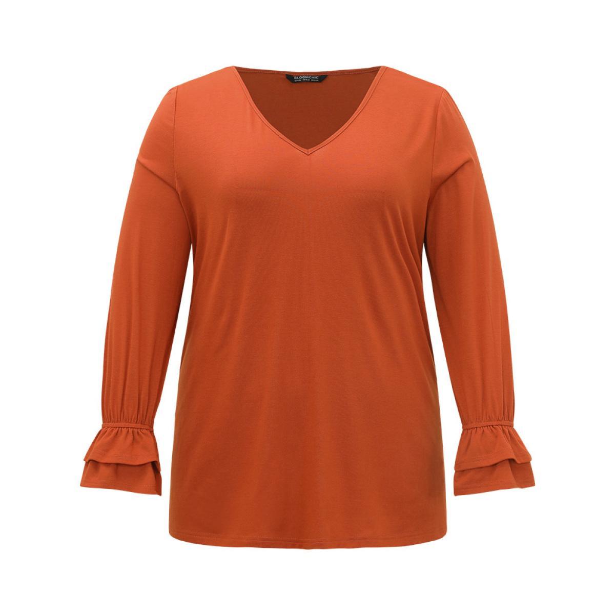 Plus Size Halloween Solid V Neck Layered Sleeve T-shirt Rust Women Elegant Plain Plain V-neck Festival-Halloween T-shirts BloomChic 18-20/2X Product Image