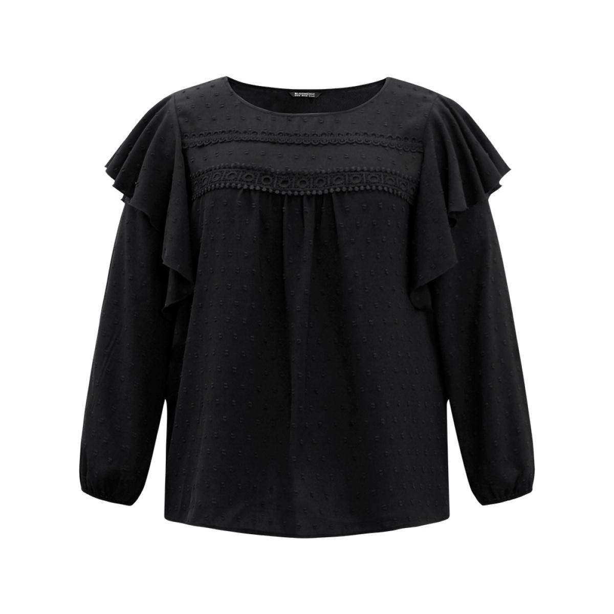 Plus Size Black Solid Contrast Lace Tiered Ruffles Blouse Women Elegant Long Sleeve Round Neck Dailywear Blouses BloomChic 26/4X Product Image