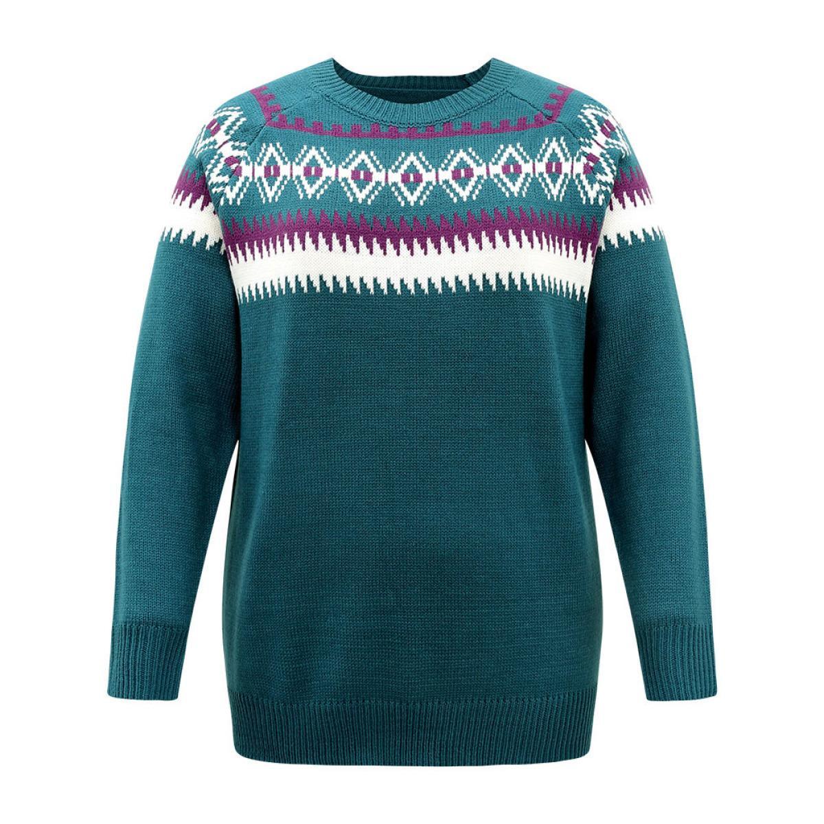 Plus Size Geometric Contrast Raglan Sleeve Pullover Emerald Women Casual Loose Long Sleeve Round Neck Festival-Christmas Pullovers BloomChic 30/6X Product Image