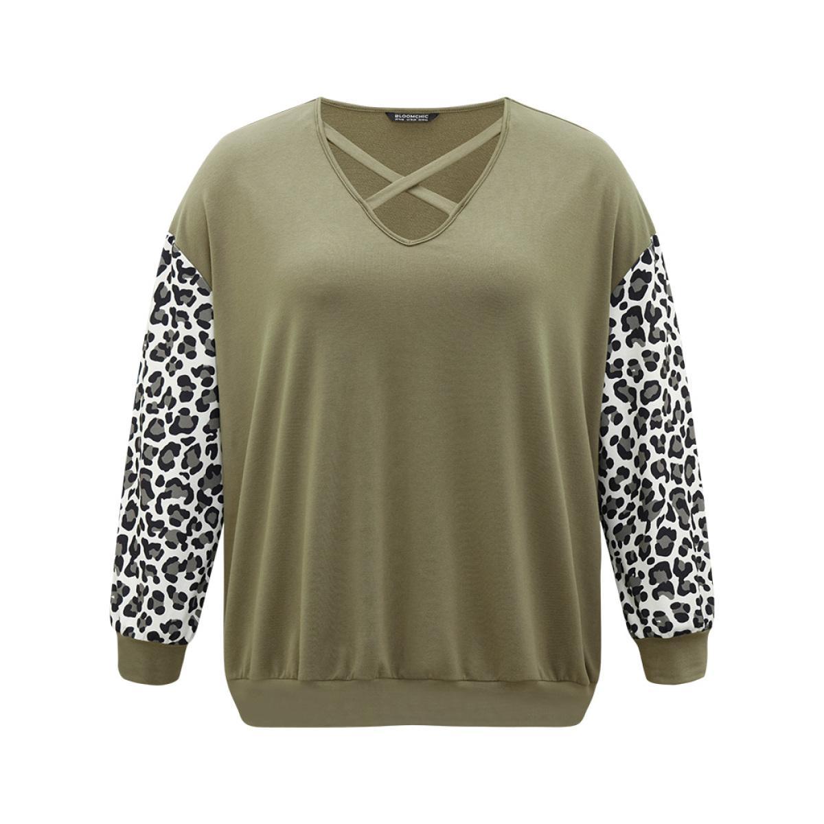 Plus Size Leopard Patchwork Crisscross Neck Elastic Cuffs Sweatshirt Women Sage Casual Elastic cuffs V-neck Dailywear Sweatshirts BloomChic 12/L Product Image
