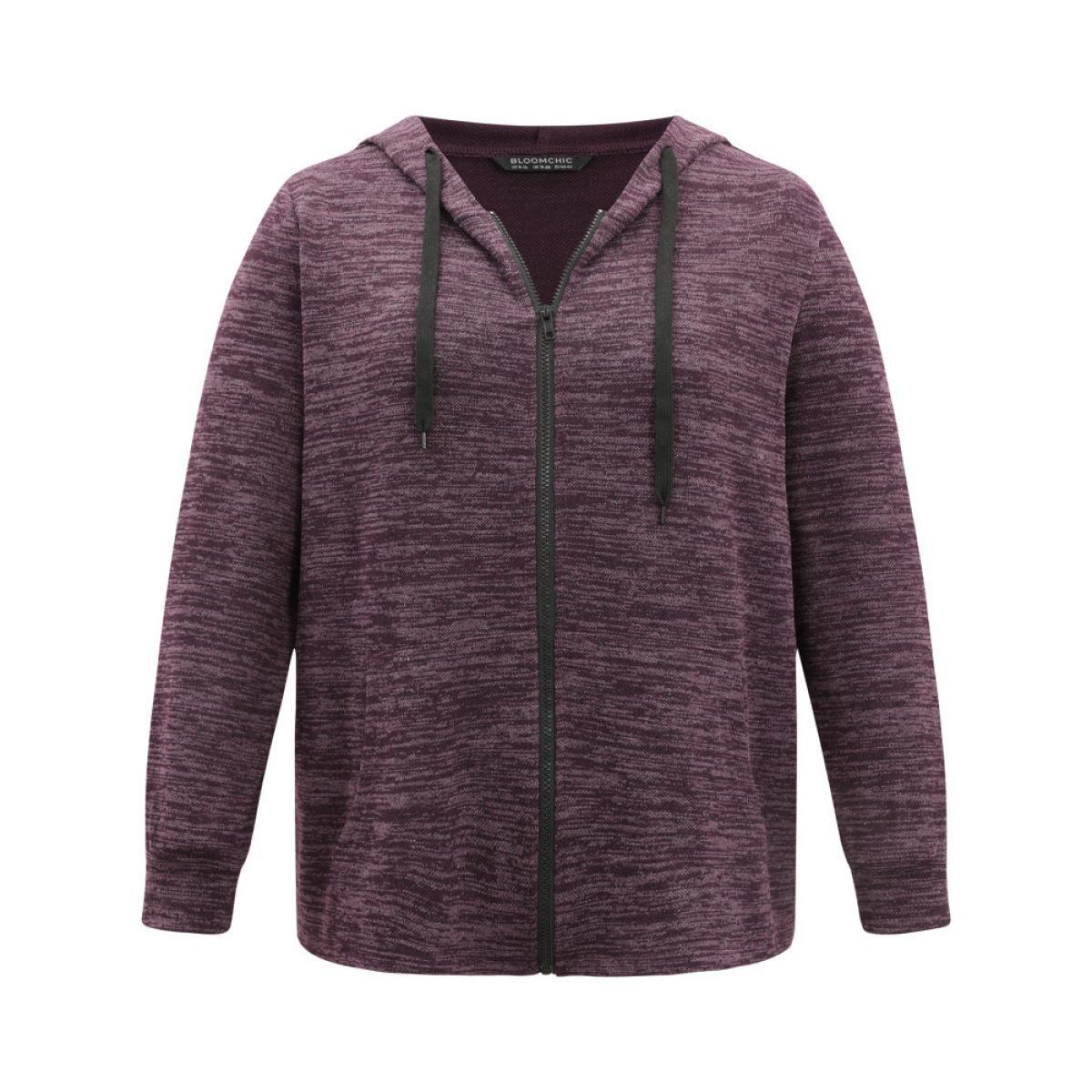 Plus Size Solid Heather Pocket Hooded Zipper Sweatshirt Women Purple Casual Heather Hooded Dailywear Sweatshirts BloomChic 12/L Product Image