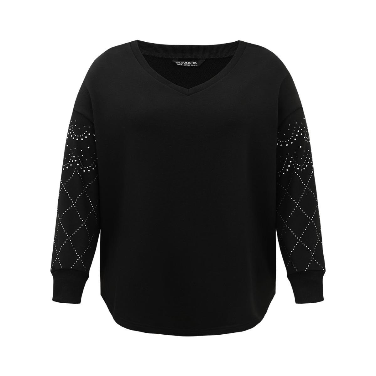 Plus Size Rhinestone Plain Drop Shoulder Sweatshirt Women Black Elegant Rib Knit V-neck Dailywear Sweatshirts BloomChic 14-16/1X Product Image