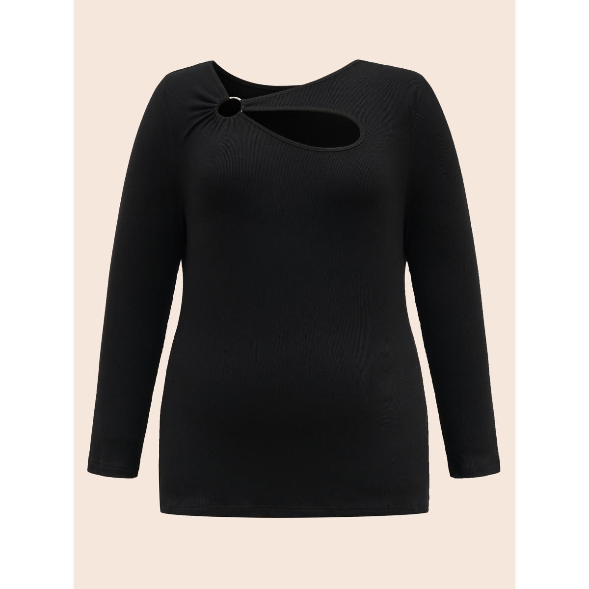 Plus Size Rib Knit Asymmetrical Neck Cut Out T-shirt Black Women Elegant Texture Asymmetrical Neck Skinny Everyday T-shirts BloomChic 22-24/3X Product Image