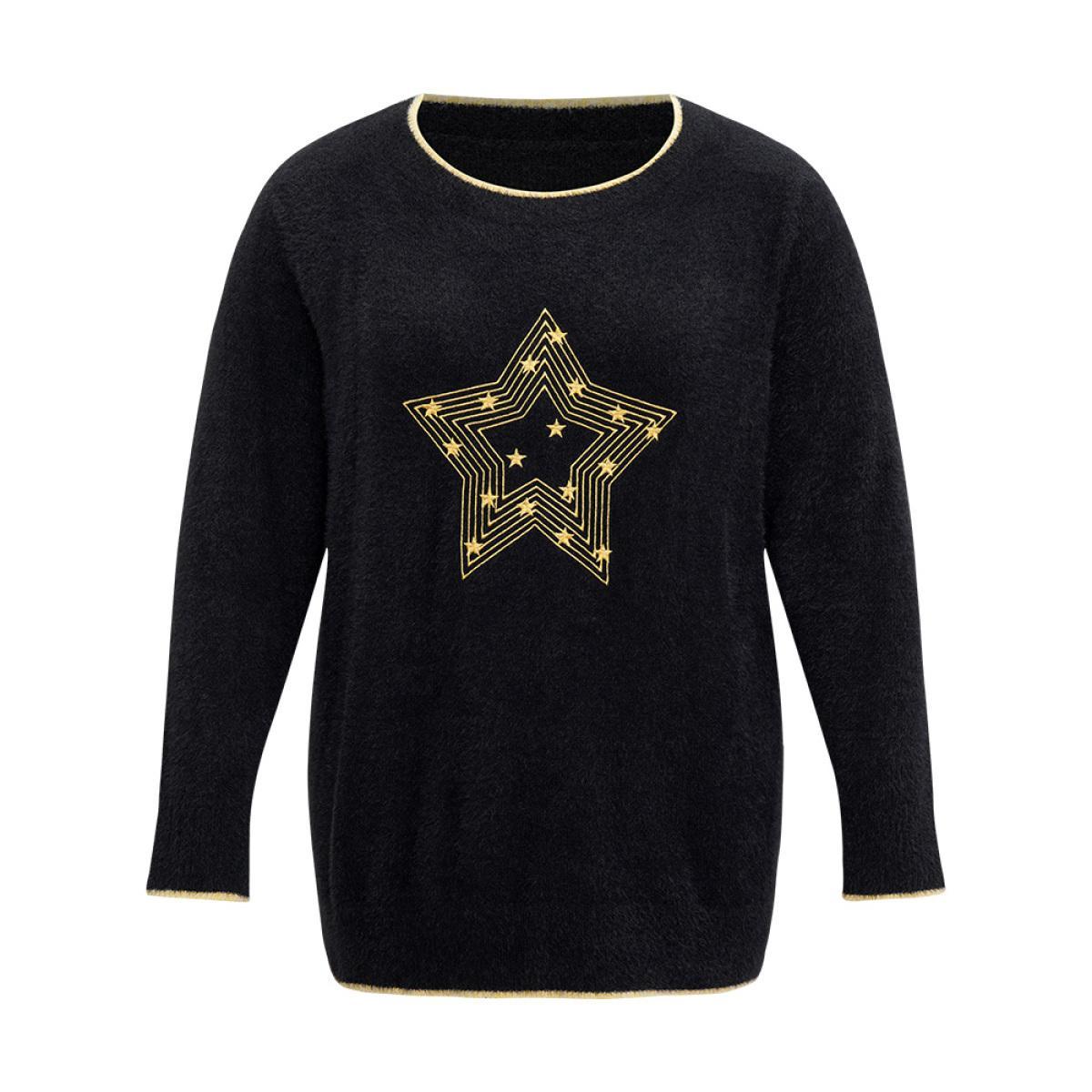 Plus Size Star Embroidered Contrast Trim Pullover Black Women Casual Loose Long Sleeve Round Neck Dailywear Pullovers BloomChic 14-16/1X Product Image