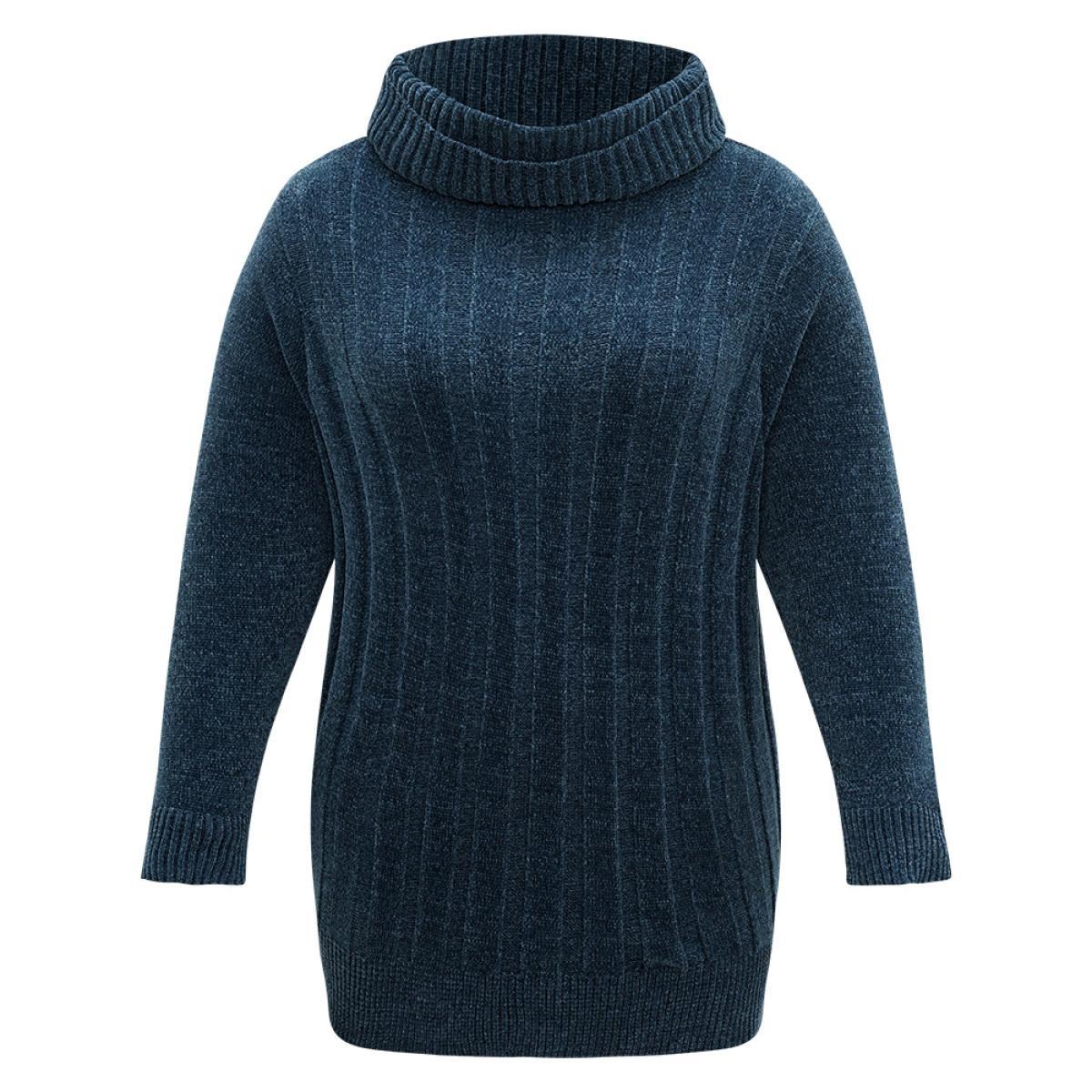 Plus Size Turtle Neck Plain Rib Knit Pullover Cyan Women Casual Long Sleeve Lapel Collar Dailywear Pullovers BloomChic 22-24/3X Product Image