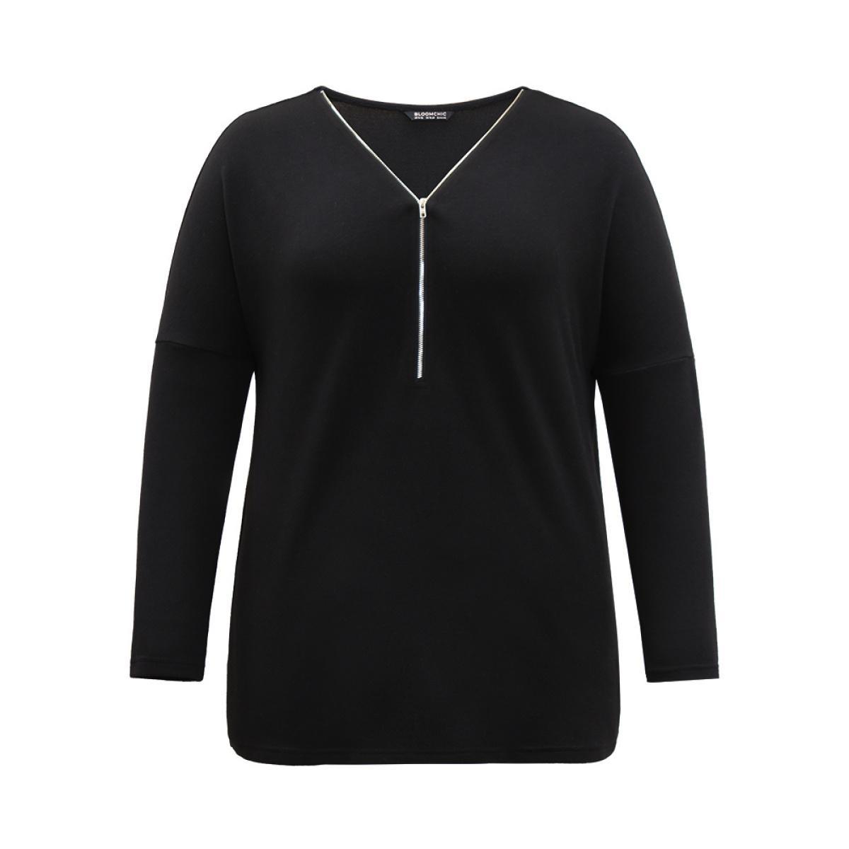 Plus Size Solid Zipper Detail Patchwork T-shirt Black Women Casual Plain Plain V-neck Dailywear T-shirts BloomChic 10/M Product Image