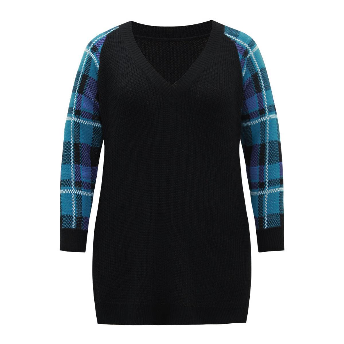 Plus Size Plaid Patchwork Split Side Raglan Sleeve Pullover Black Women Casual Loose Long Sleeve V-neck Dailywear Pullovers BloomChic 14-16/1X Product Image