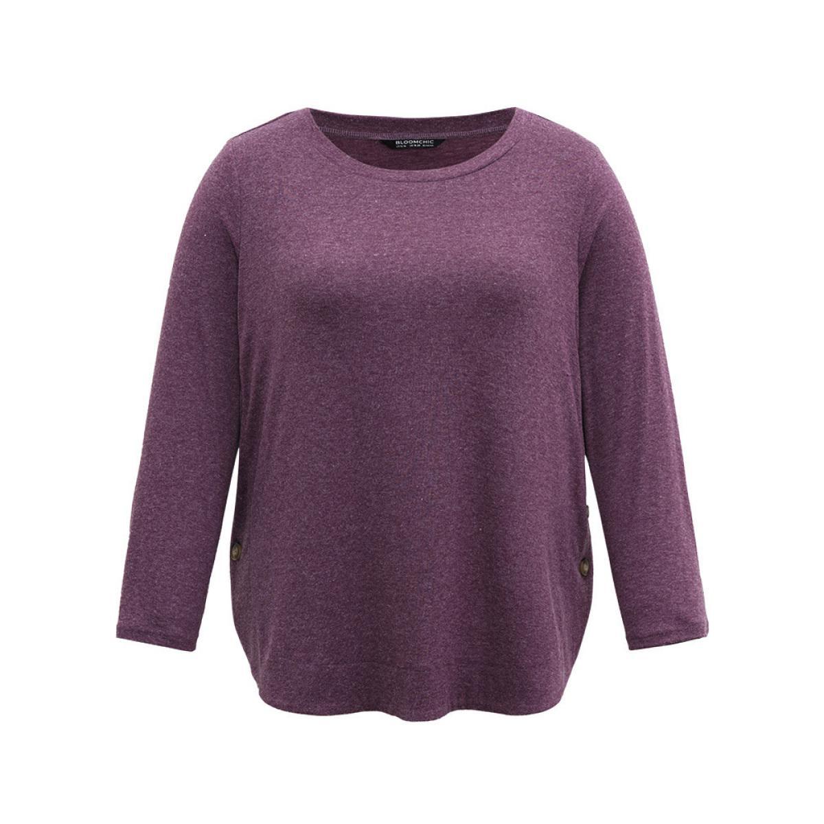 Plus Size Plain Button Detail Curved Hem T-shirt Purple Women Casual Plain Plain Round Neck Dailywear T-shirts BloomChic 30/6X Product Image