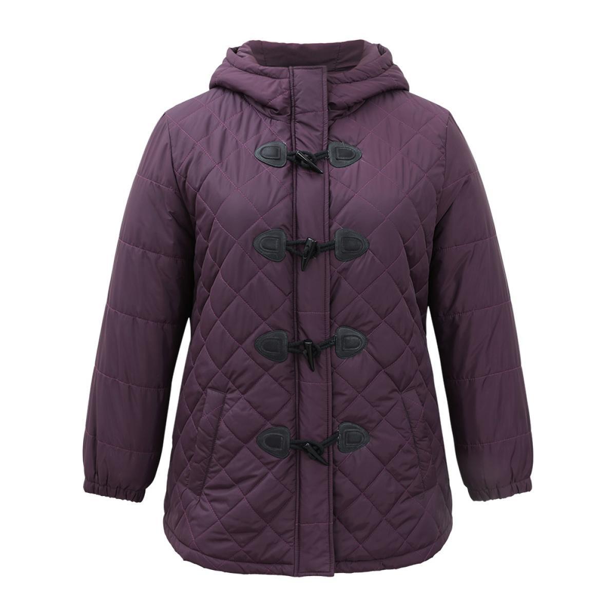 Plus Size Quilted Duffle Button Hooded Pocket Cotton Jacket Women Eggplant Casual Quilting Ladies Dailywear Winter Coats BloomChic 12/L Product Image