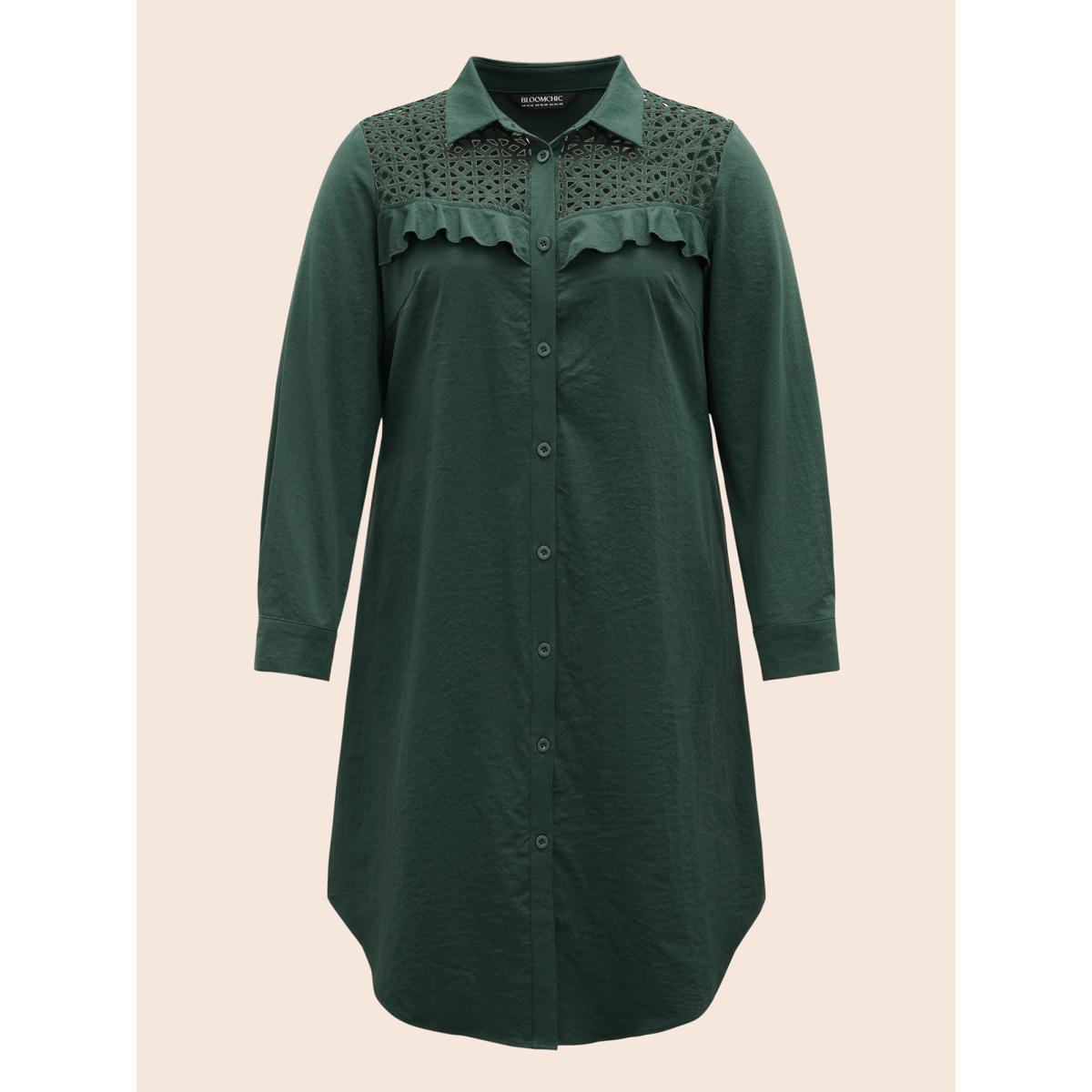 Plus Size Solid Cut Out Ruffle Trim Arc Hem Dress DarkGreen Women Casual Cut-Out Shirt collar Long Sleeve Curvy BloomChic 30/6X Product Image