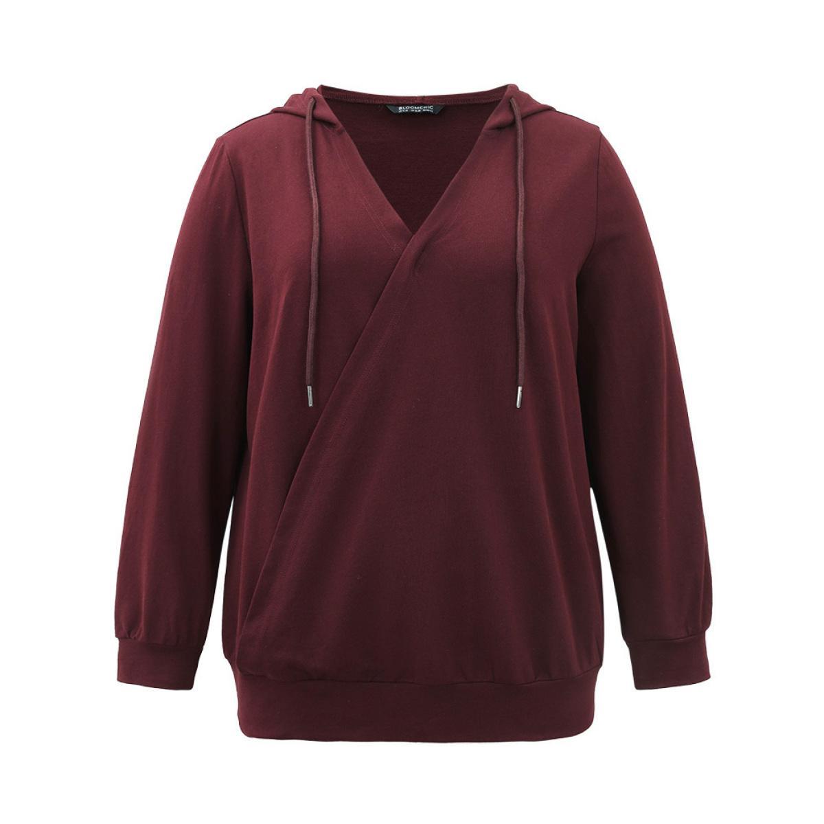 Plus Size Cotton Hooded Drawstring Sweatshirt Women Burgundy Elegant Wrap Hooded Dailywear Sweatshirts BloomChic 18-20/2X Product Image