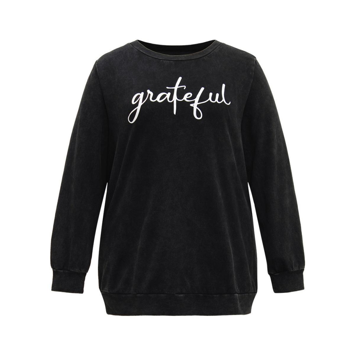 Plus Size Solid Letter Print Crew Neck Sweatshirt Women Black Casual Printed Dailywear Sweatshirts BloomChic 22-24/3X Product Image