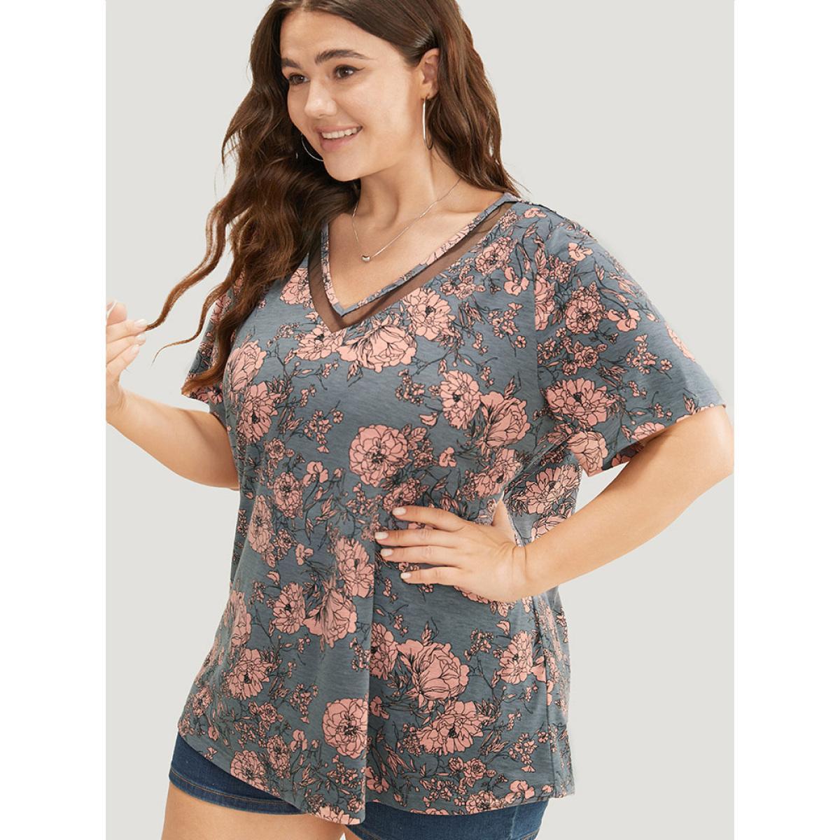Plus Size Floral Print Mesh Insert Flutter Sleeve T-shirt Gray Women Elegant See through Floral V-neck Dailywear T-shirts BloomChic 12/L Product Image
