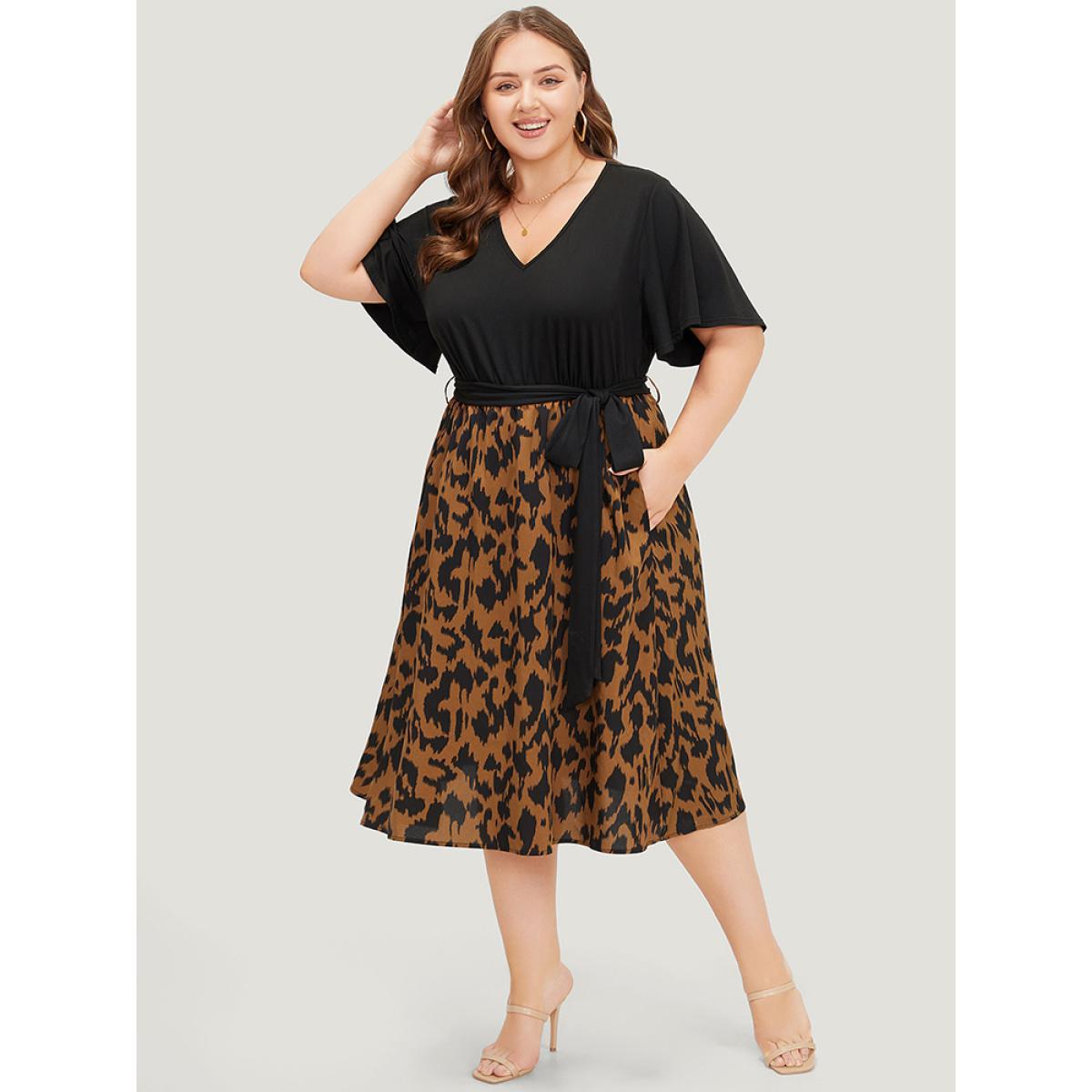 Plus Size Allover Print Contrast Belted Ruffle Sleeve Patchwork Dress Black Women Elegant Contrast V-neck Short sleeve Curvy Midi Dress BloomChic 30/6X Product Image