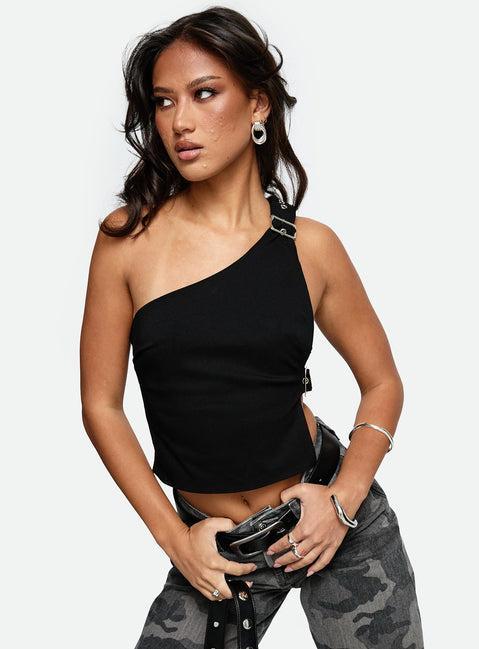 Buckled Down One Shoulder Top Black Product Image