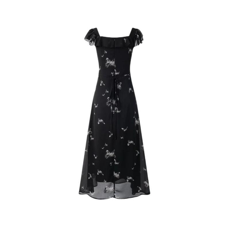 Cap-Sleeve Square Neck Floral Print Maxi A-Line Dress Product Image
