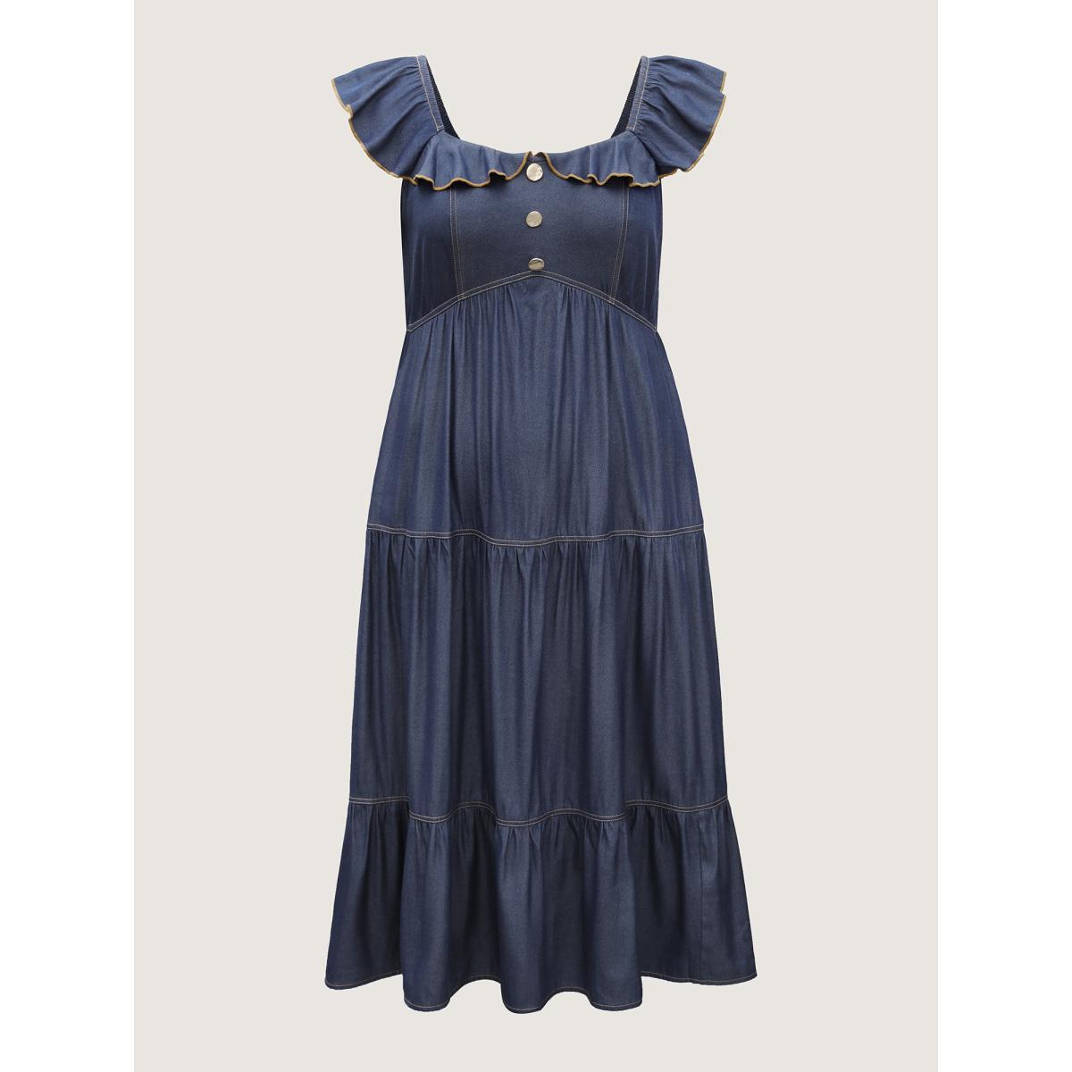 Plus Size Denim-Like Ruffled Tiered Midi Dress Indigo Women Square Neck Cap Sleeve Curvy BloomChic 26/4X Product Image