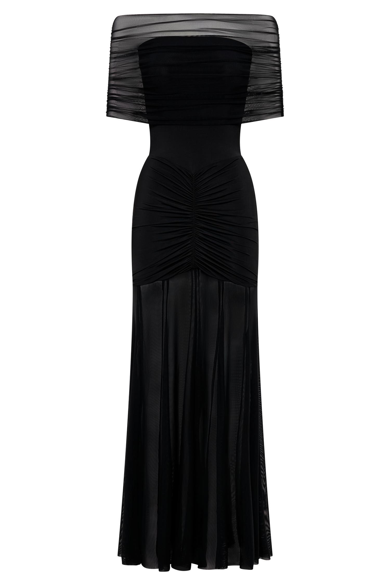 Caspian Slinky And Mesh Off Shoulder Maxi Dress - Black Product Image