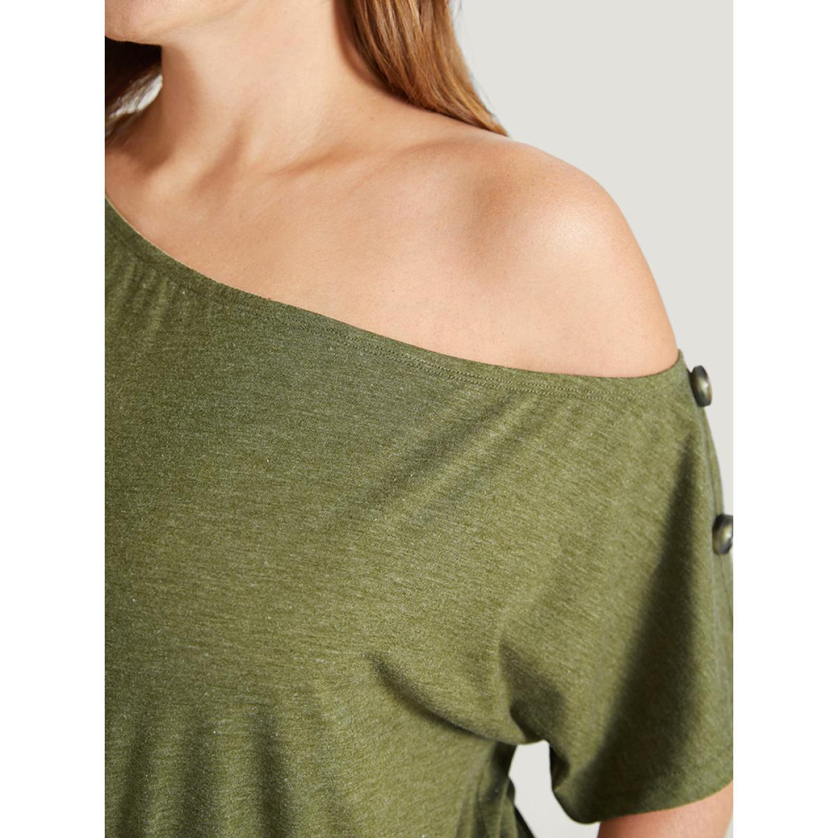 Plus Size ArmyGreen Solid Button Detail Pocket Knot Front One Shoulder Romper Women Casual Short sleeve One Shoulder Dailywear Loose Jumpsuits BloomChic 10/M Product Image