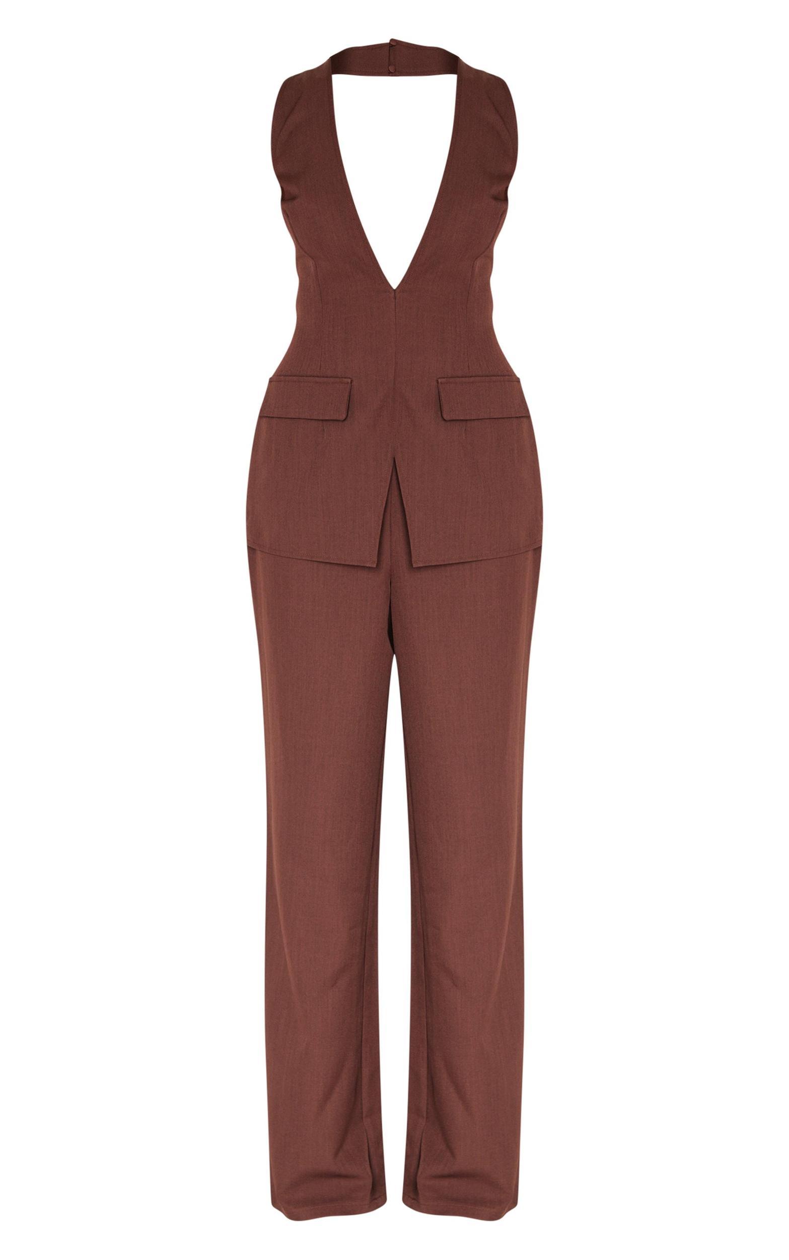 Dark Chocolate Structured Woven Vest Detail Straight Leg Jumpsuit Product Image