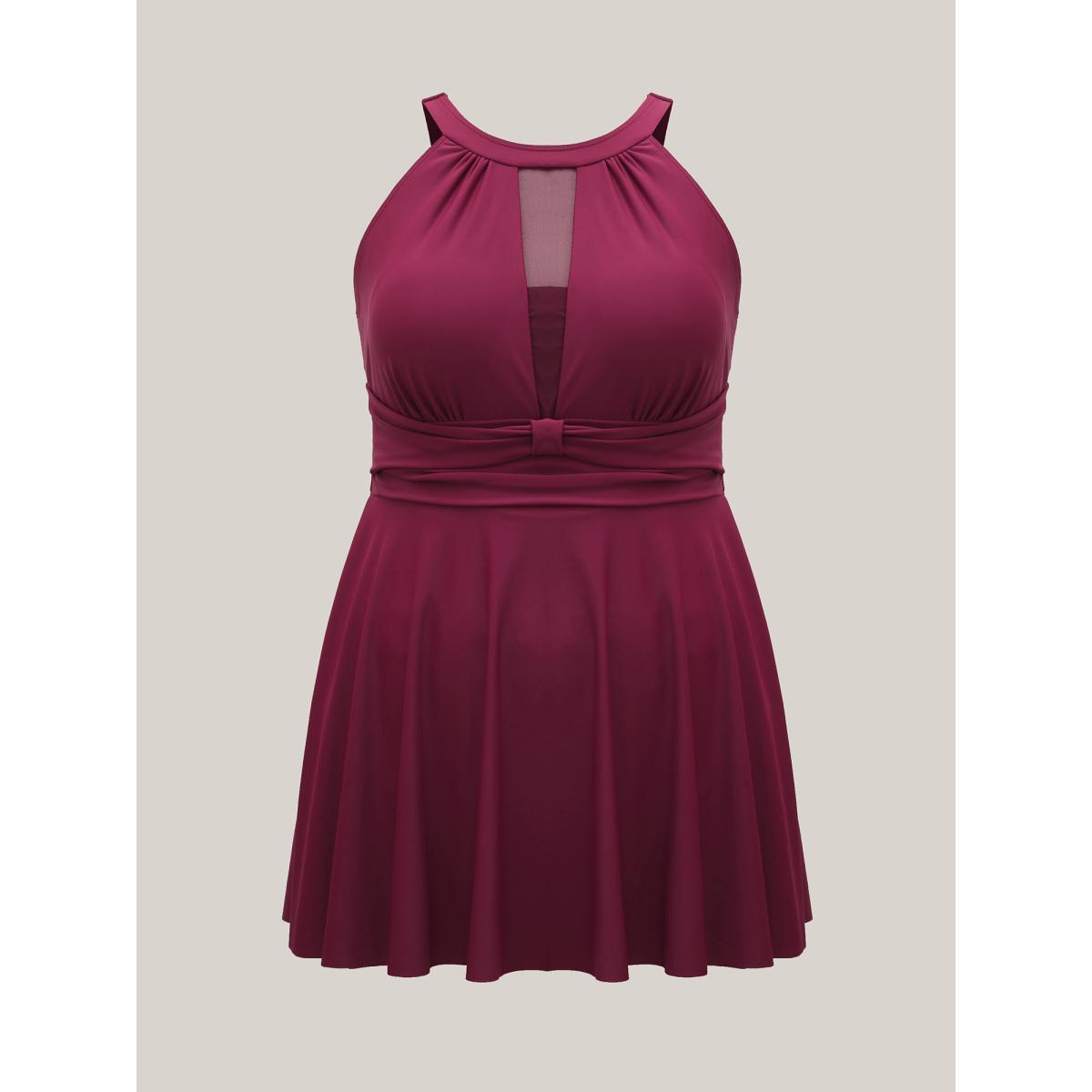 Plus Size Anti Float Tie Sheer Swim Dress Women's Swimwear Deeppurple Beach Bodycon Round Neck High stretch Curve Swim Dresses BloomChic 12/L Product Image