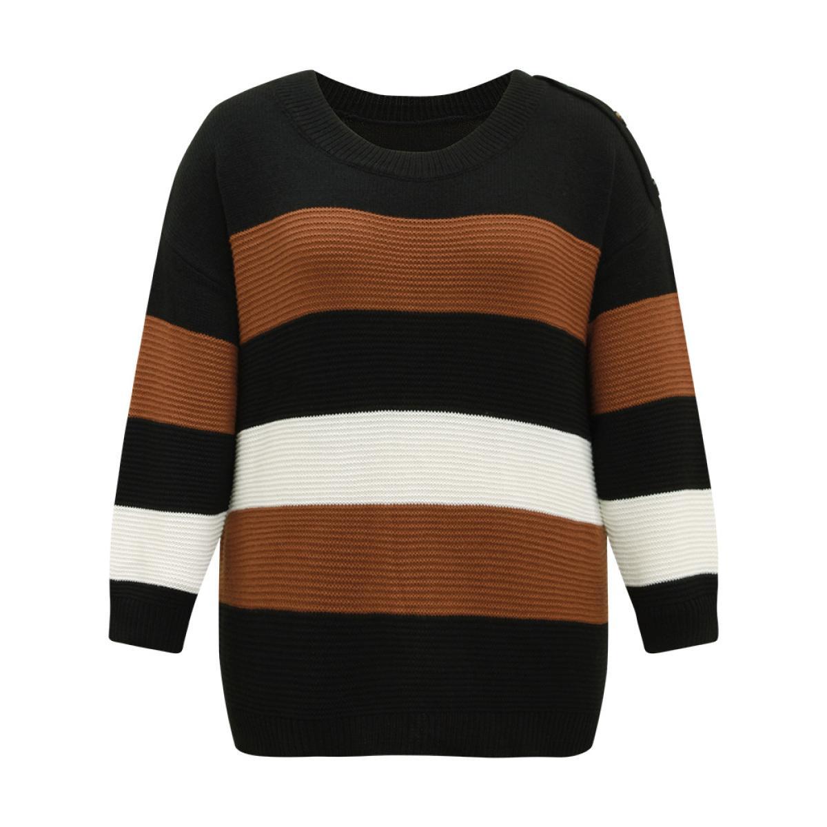 Plus Size Colorblock Contrast Button Detail Crew Neck Pullover Black Women Casual Loose Long Sleeve Round Neck Everyday Pullovers BloomChic 28/5X Product Image