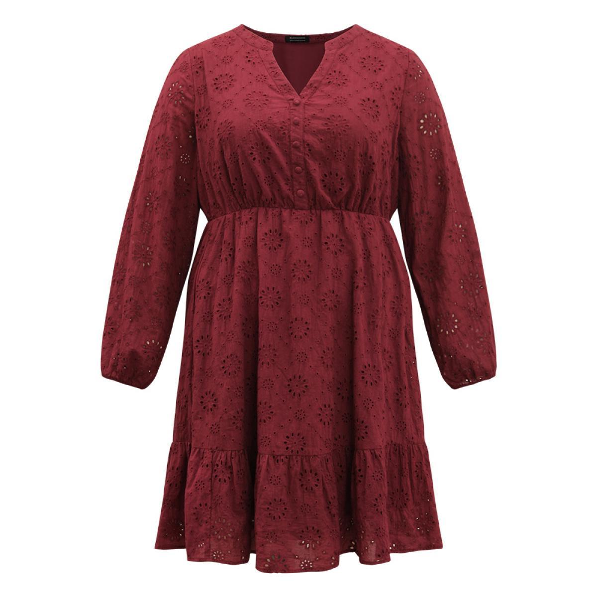 Plus Size Plain Geometric Eyelet Notched Lantern Sleeve Dress Burgundy Women Vacation Elastic cuffs Notched collar Long Sleeve Curvy Midi Dress BloomChic 12/L Product Image
