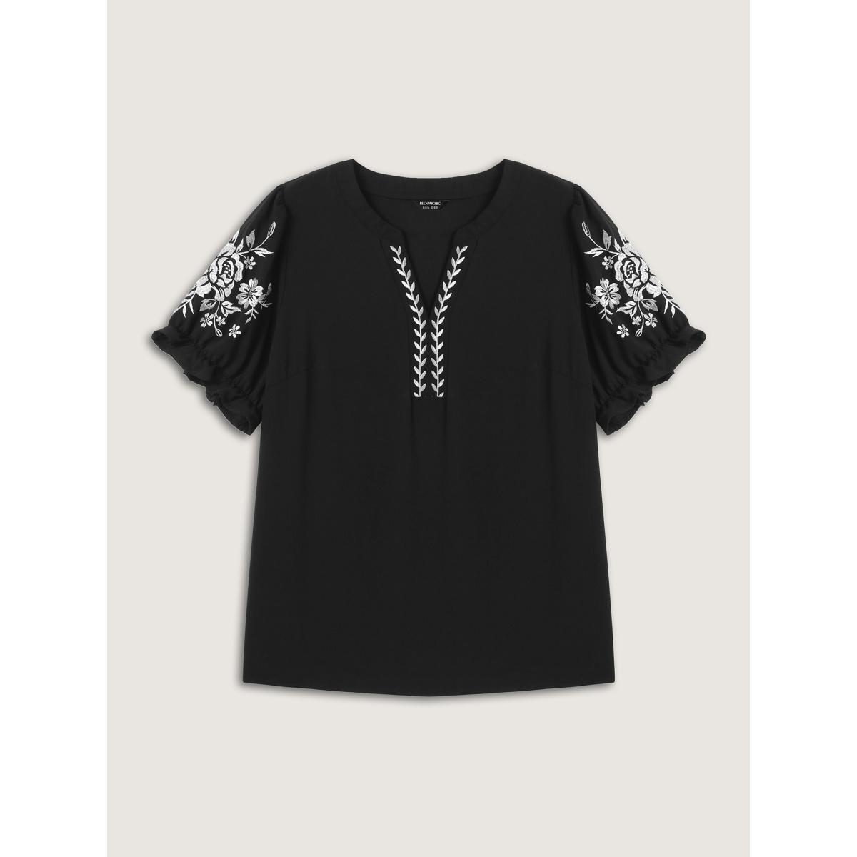 Plus Size Black Notched Collar Embroidered Ruffled Blouse Women Half Sleeve Flat collar with V-notch Everyday-Elegant Blouses BloomChic 12/L Product Image