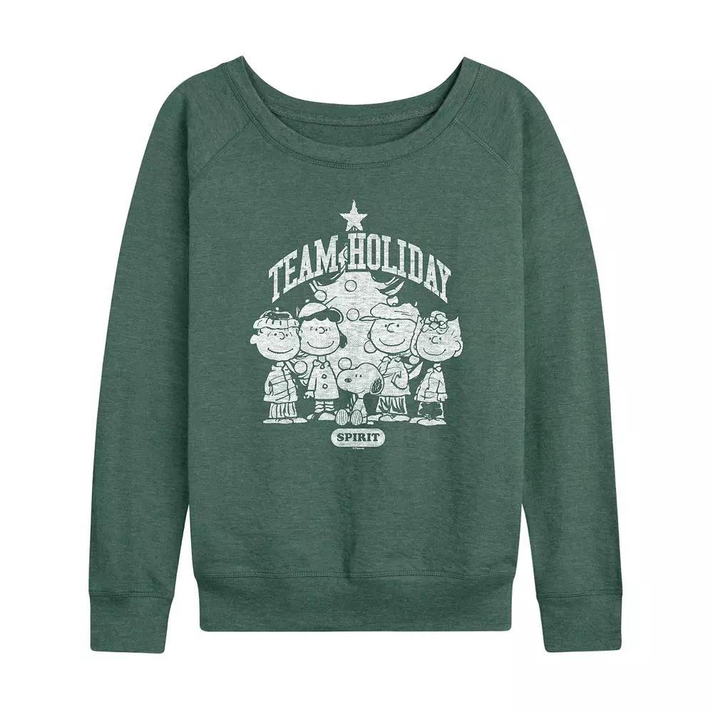 Womens Peanuts Team Holiday Spirit French Terry Long Sleeve Tee Grey Green Product Image