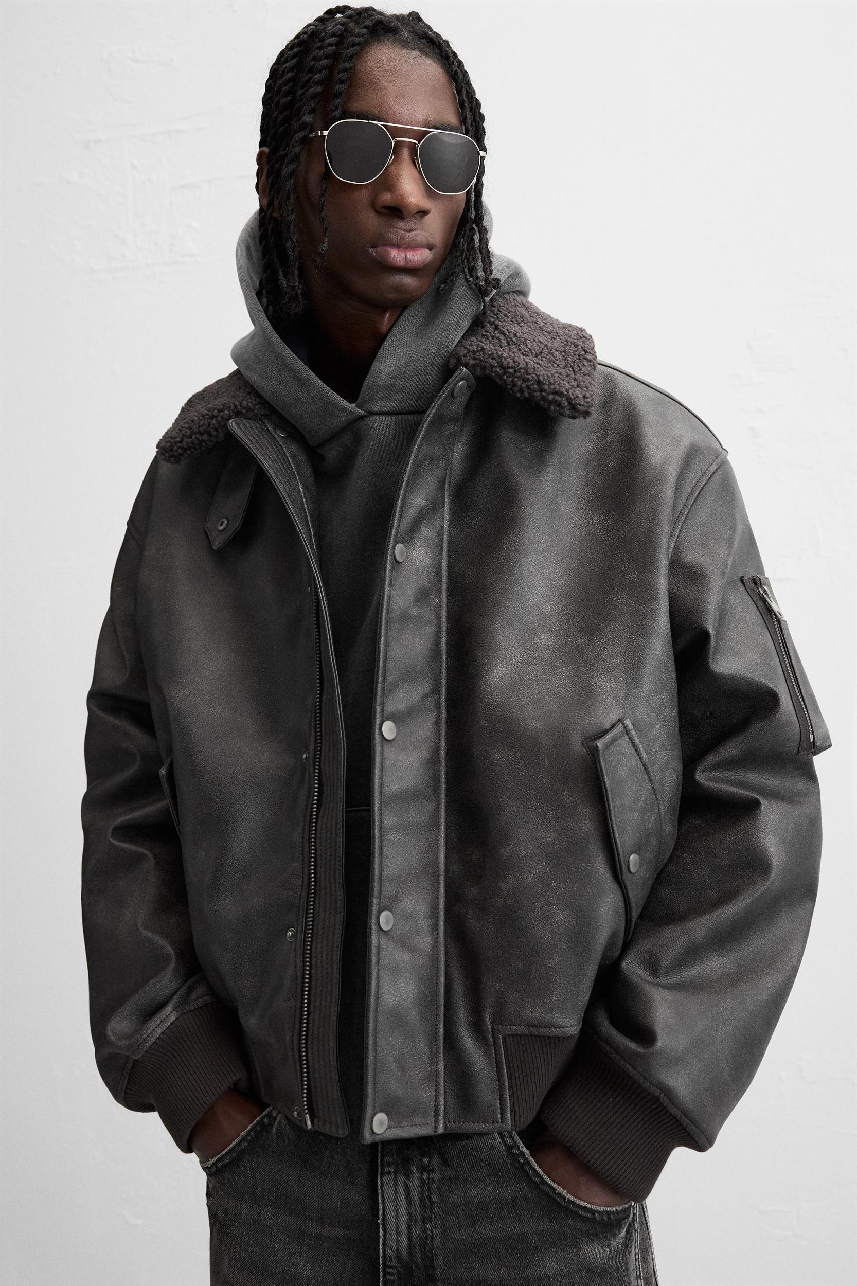 FAUX LEATHER JACKET WITH REMOVABLE COLLAR Product Image