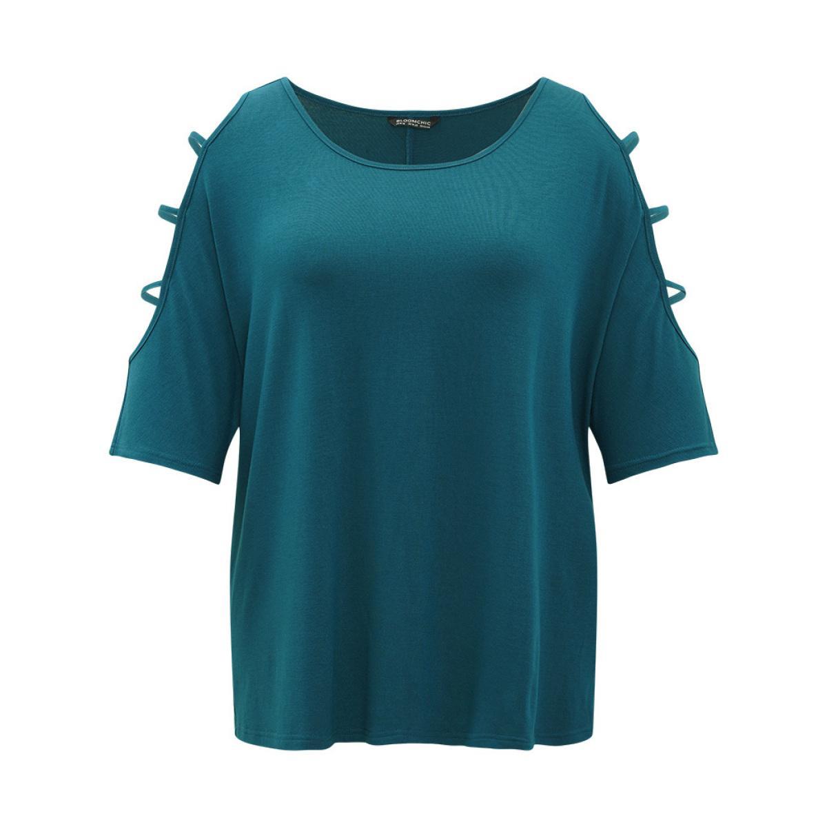Plus Size Solid Cut Out Round Neck Dolman Sleeve T-shirt Aegean Women Elegant Plain Round Neck Dailywear T-shirts BloomChic 10/M Product Image