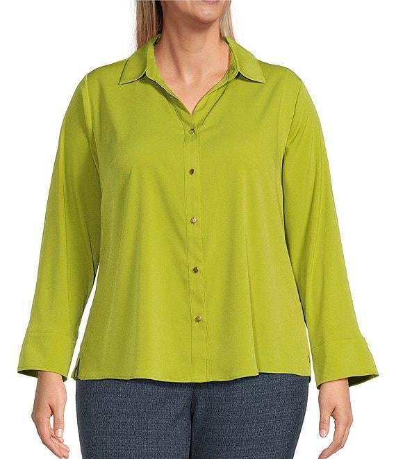 Investments Plus Size Woven 3/4 Sleeve Point Collar Button Front Split Cuff Top Product Image