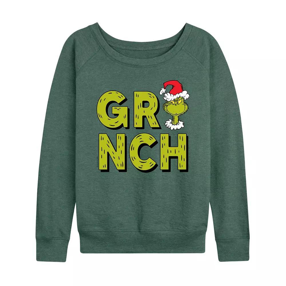 Womens Dr. Seuss Grinch Fur Letters French Terry Long Sleeve Tee Grey Green Product Image