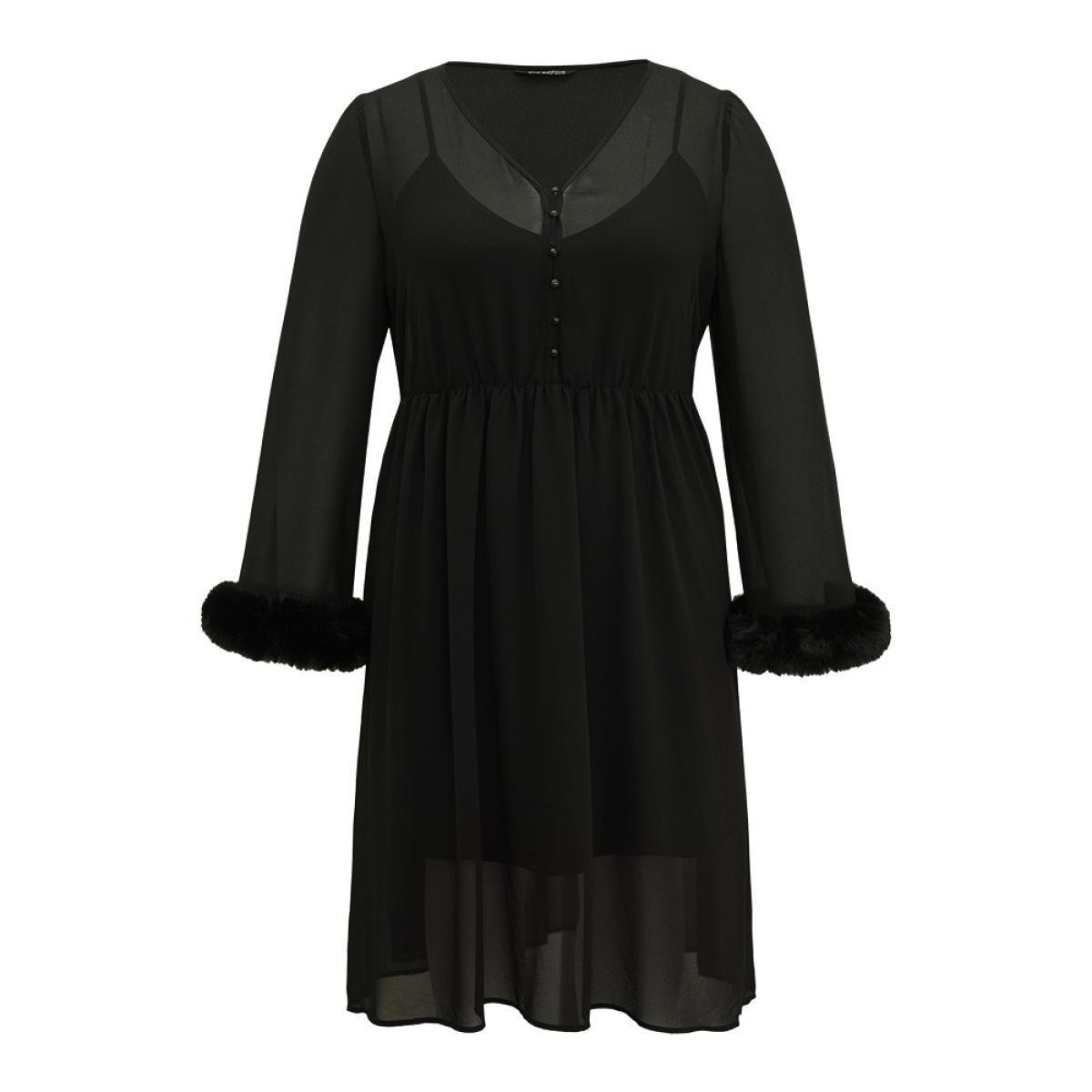 Plus Size Halloween Patchwork Chiffon Mesh Button Up Fuzzy Trim Dress Black Women Elegant Plain V-neck Long Sleeve Curvy Midi Dress BloomChic 22-24/3X Product Image
