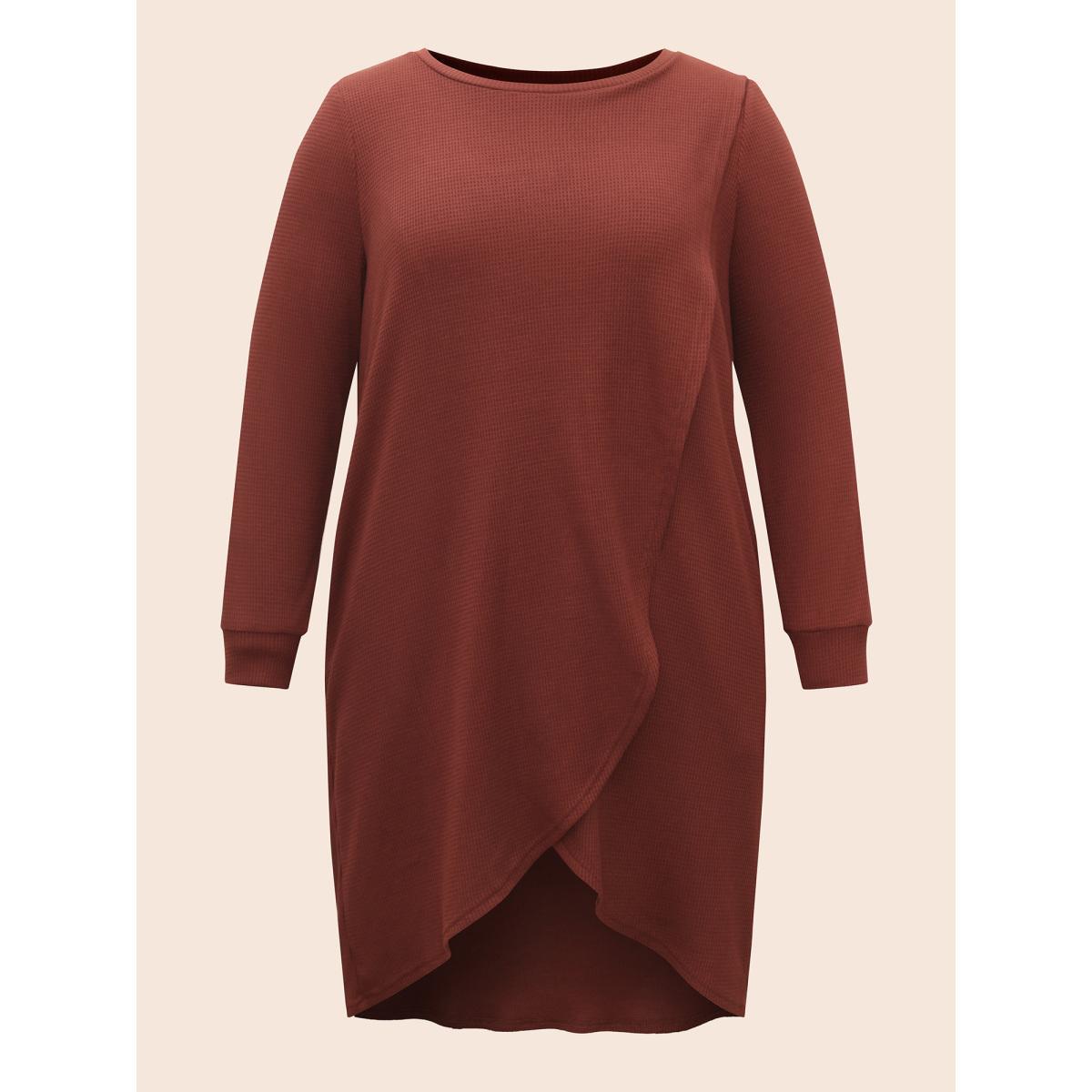 Plus Size Solid Waffle Knit Overlap Hem T-shirt Rust Women Casual Overlapping Round Neck Everyday T-shirts BloomChic 28/5X Product Image