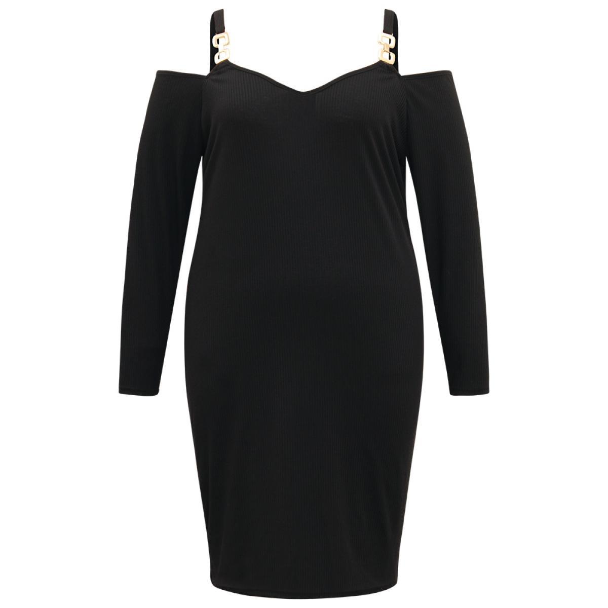 Plus Size Plain Rib Knit Metal Detail Cami Dress Black Women Casual Texture Spaghetti Strap Long Sleeve Curvy Knee Dress BloomChic 26/4X Product Image