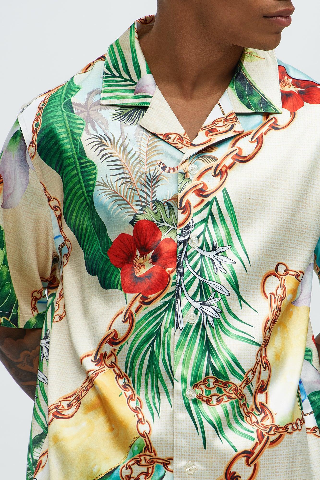 Palms And Chains Printed Cuban Collar Shirt - Multi Color Product Image