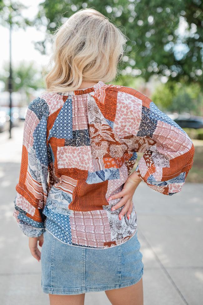 Outlook On Life Brown Multi Patchwork Printed Blouse FINAL SALE Product Image