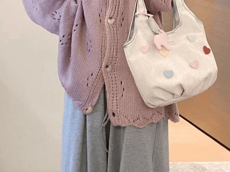 Collar Plain Pointelle Knit Oversized Cardigan Product Image