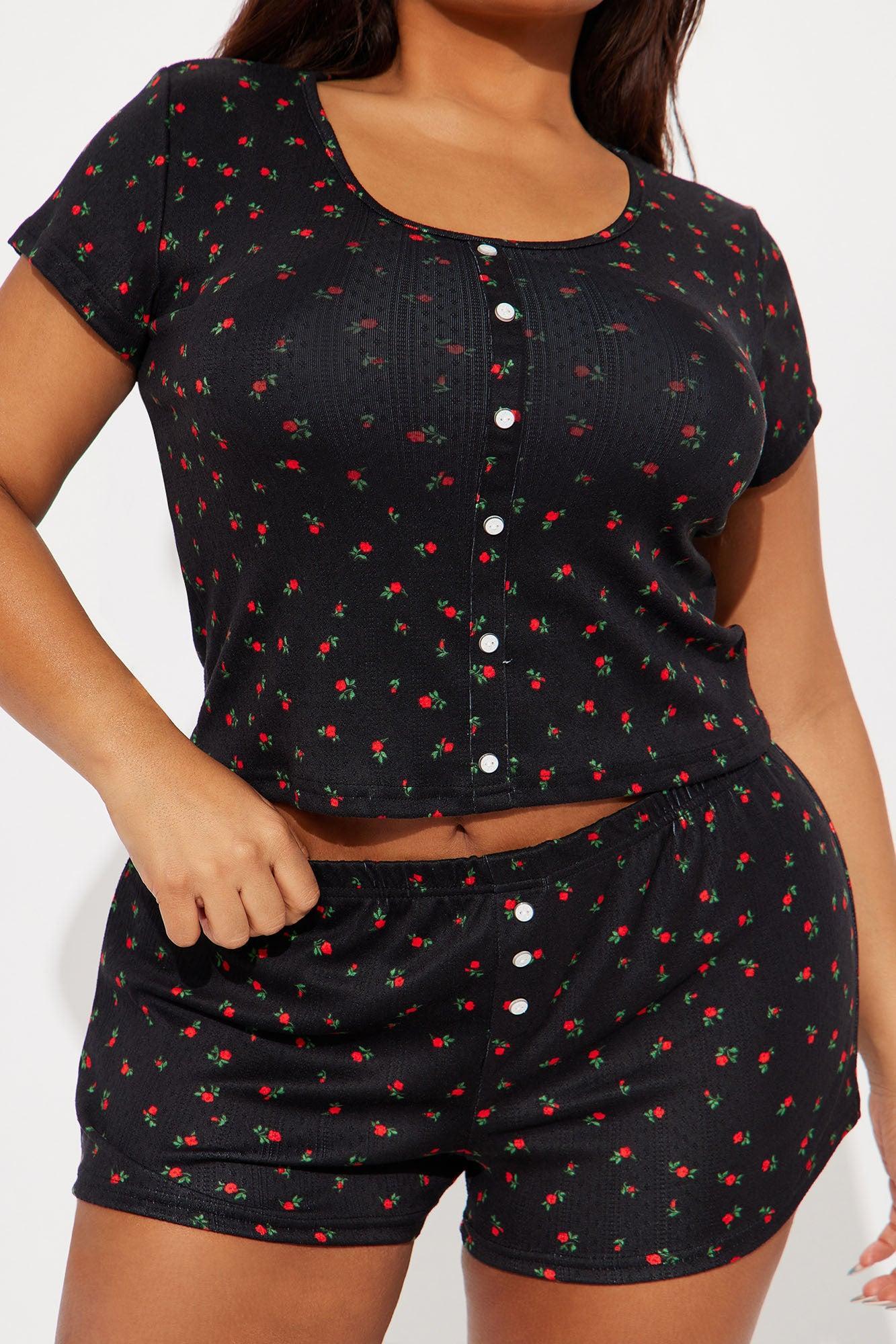Floral Bloom Pointelle PJ Short Set - Black/Red Product Image