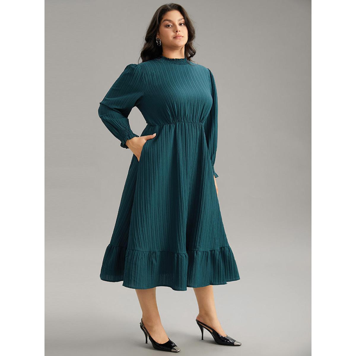 Plus Size Plain Texture Elastic Waist Frill Trim Shirred Dress Emerald Women Office Texture Mock Neck Long Sleeve Curvy Midi Dress BloomChic 18-20/2X Product Image