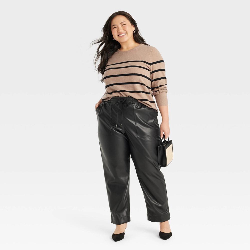 Womens Crewneck Cashfeel Pullover Sweater - A New Day Camel/Black Striped 4X Product Image