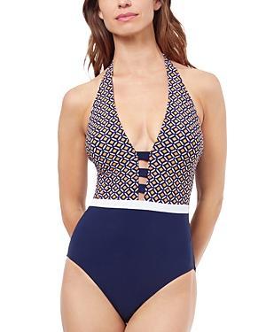 Womens Geometric V-Neck One-Piece Swimsuit Product Image