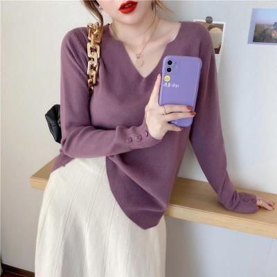 Long-Sleeve V-Neck Plain Knit Top Product Image