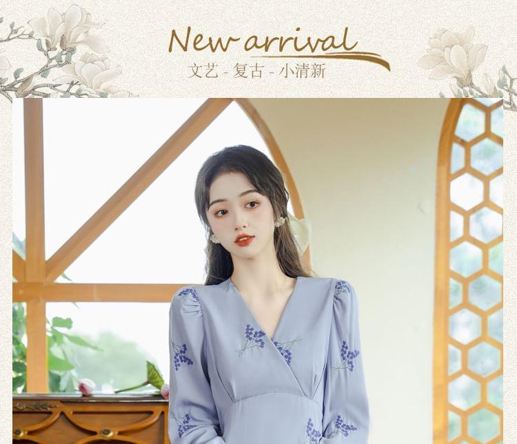 Long Sleeve V-Neck Floral Embroidered Midi A-Line Wrap Dress Product Image